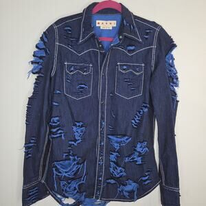 MARNI Distressed Denim Western Shirt Mens 48 M Blue Destroyed Italy
